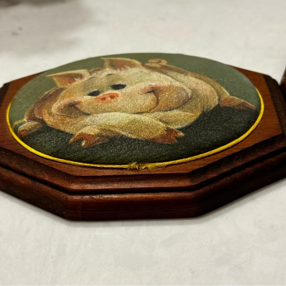 Vintage Wood Plaque Pig Turtle Set Of 2 70s Farmhouse Whimsical
